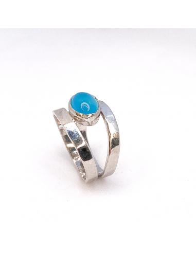 Bague de createur artisanat belge argent et calcedoine bleu ocean