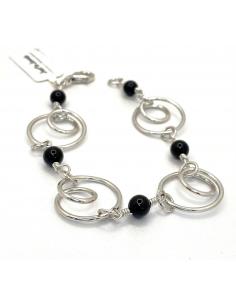 Bracelet artisanal fait main argent rhodié avec pierres fines naturelles agate noire