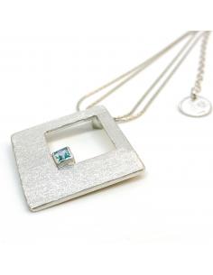 Collier argent rhodié antiallergique artisanal double chaine forme carrée avec apatite 2