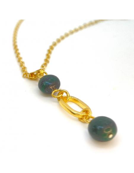 Collier artisanal vermeil motif ovale en fil carré et 2 perles de malachite