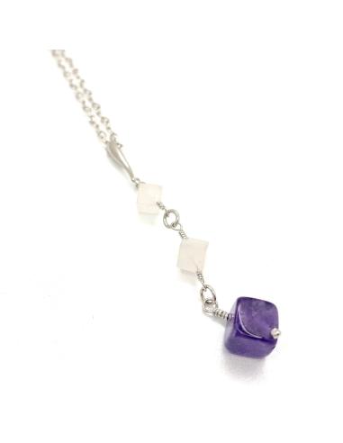 collier artisanal fait main pour femme collection Flo quartz rose et améthyste argent rhodié