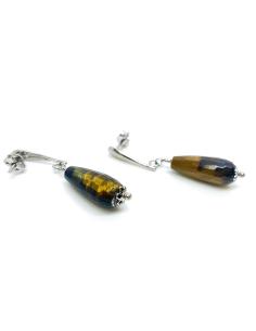 Boucle d'oreille de la collection Manon combinant argent rhodié et oeil de tigre