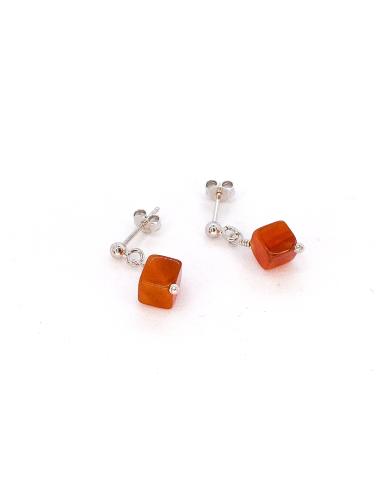 Boucle oreille artisanale argent cube cornaline