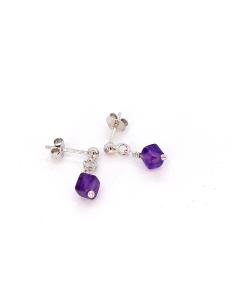 Boucle oreille argent rhodié antiallergique avec mini cube d'améthyste 2