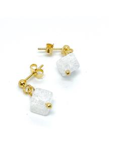 boucle d'oreille artisanale argent plaqué or vermeil pour femme cube cristal craquelé