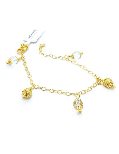 Bracelet pour femme fait main en argent plaqué or avec perles de cristal de roche suspendues
