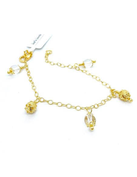 Bracelet pour femme fait main en argent plaqué or avec perles de cristal de roche suspendues
