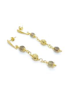 Boucle oreille artisanale argent plaqué or vermeil avec quartz fumé