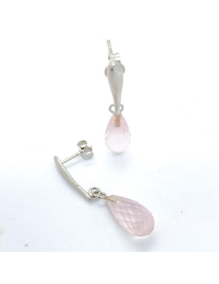 boucle d'oreille artisanale argent rhodié et goutte facettée de quartz rose