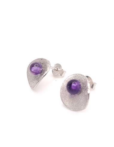 boucle d'oreille argent antiallergique surface diamantée et améthyste