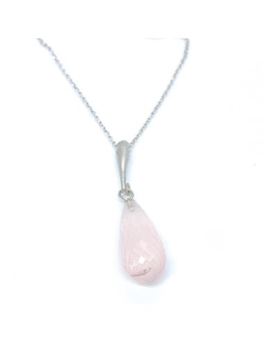 Collier artisanal pour femme argent rhodié antiallergique avec goutte facettée de quartz rose création JUST'IN JEWELS