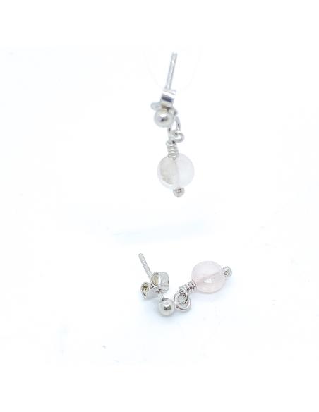 boucle d'oreille artisanale argent rhodié antiallergique avec quartz rose collection helina de chez Just'In Jewels