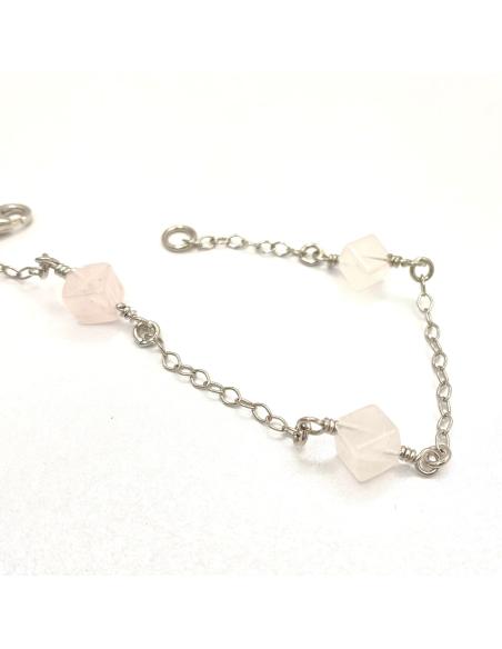 bracelet artisanal argent rhodié avec cubes de quartz rose collection FLO de Just'in jewels