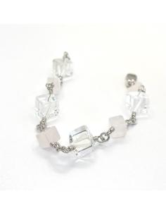 bracelet artisanal argent rhodié antiallergique quartz rose et cristal de roche collection FLO de Just'in jewels