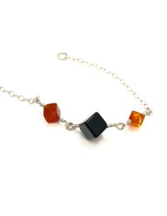 bracelet argent rhodié pour femme avec pierre naturelle cornaline et agate noire