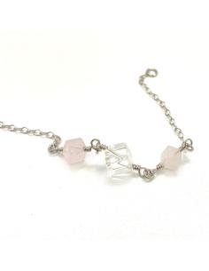 bracelet argent rhodié pour femme avec pierre fine naturelle quartz rose, cristal