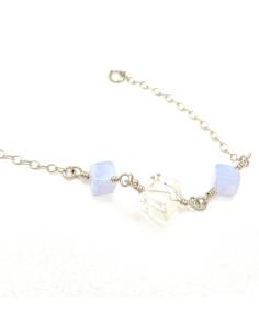 Bracelet artisanal en argent rhodié garanti antiallergique avec pierres fines naturelles calcédoine et cristal de roche