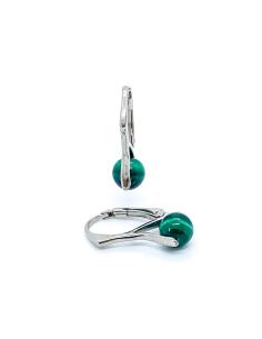Boucle oreille dormeuse en argent rhodié antiallergique avec perle de véritable malachite. Création artisanale de Just'In Jewels