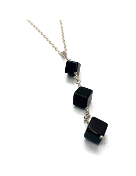 collier artisanal argent rhodié antiallergique avec pierre fine agate noire collection Flo de Just'In Jewels