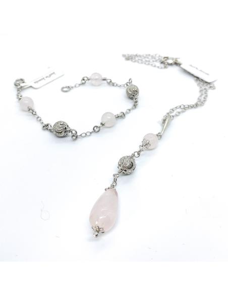 Collier artisanal argent rhodié antiallergique avec pierre fine quartz rose collection Manon de Just'In Jewels