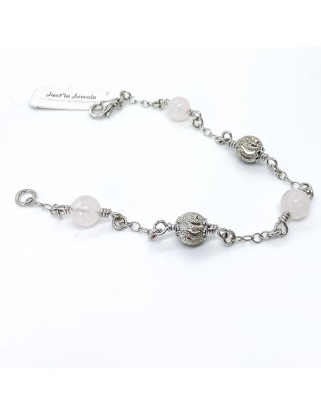 bracelet artisanal argent rhodié antiallergique avec pierre fine quartz rose collection Manon de chez Just'In Jewels