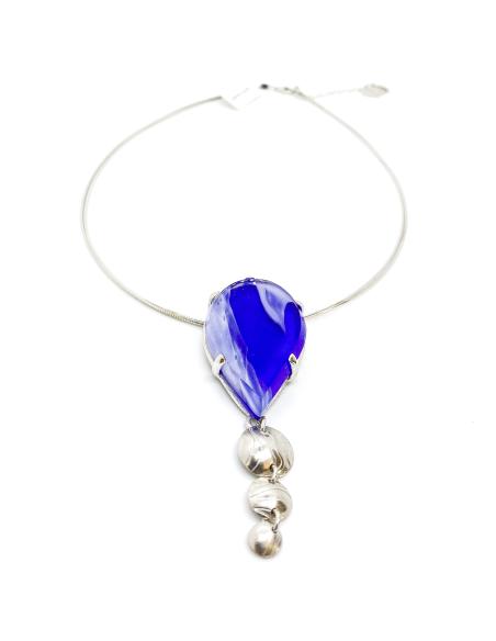 Collier argent rhodié antiallergique plaque de cristal bleu Val St Lambert collection Unisson de chez Just'in Jewels