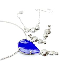Collier argent rhodié antiallergique plaque de cristal bleu Val St Lambert collection Unisson de chez Just'in Jewels 2