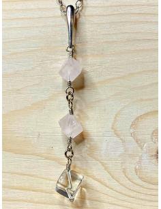 collier argent rhodié artisanal pierres fines naturelles quartz rose et cristal 2
