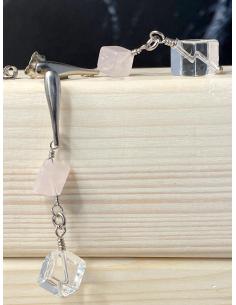 Boucle d'oreille artisanale argent rhodié pierre fine quartz rose et cristal 2