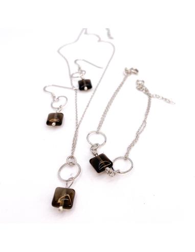 Collier artisanal argent rhodié et quartz fumé...
