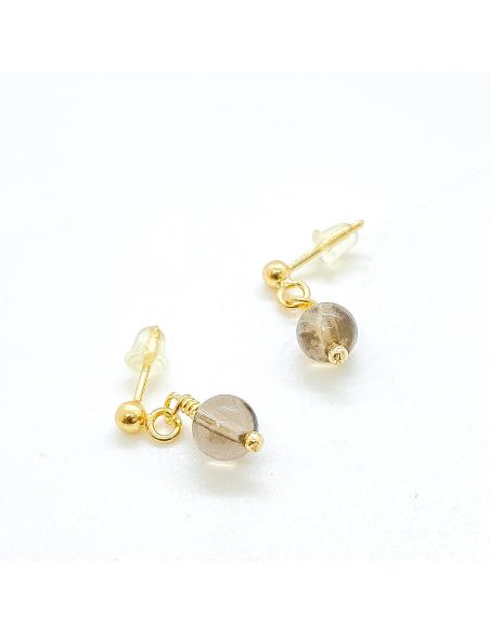 Boucle d'oreille perceuse en argent plaqué or vermeil avec véritable perle de quartz fumé