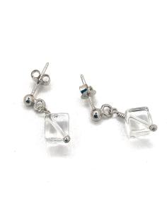 Pendant d'oreille artisanal en argent rhodié avec cristal de roche naturel. Créations garanties antiallergiques