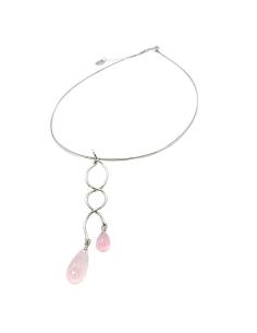 collier double tour argent rhodié antiallergique avec briolets de quartz rose facettés