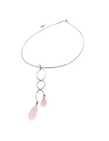 collier double tour argent rhodié antiallergique avec briolets de quartz rose facettés