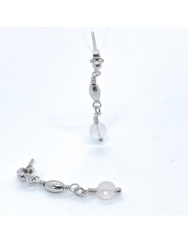 boucle d'oreille perceuse d'oreille en argent rhodié avec pierres naturelles de quartz rose collection helina just'in jewels