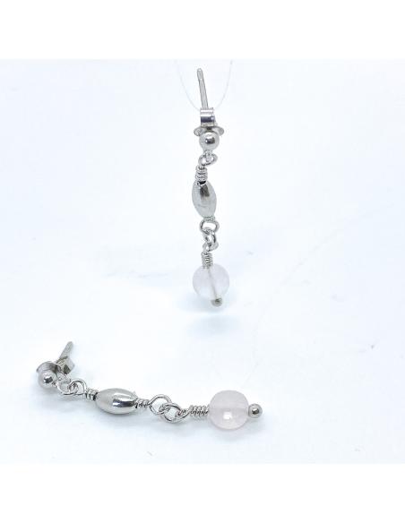 boucle d'oreille perceuse d'oreille en argent rhodié avec pierres naturelles de quartz rose collection helina just'in jewels