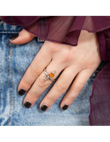 Bague artisanale argent rhodié antiallergique avec cornaline collection Isabelle de Justin jewels