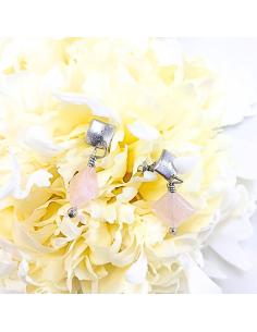 boucle d'oreille artisanale argent rhodié avec pierres fines naturelles quartz rose collection lola justinjewels