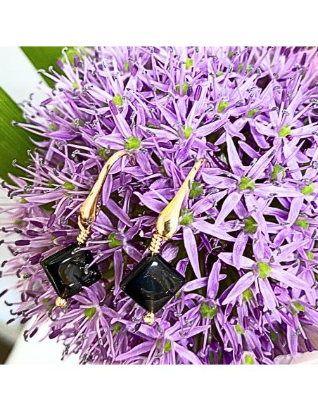 boucle d'oreille argent plaqué or vermeil avec pierre fine d'agate noire collection charly justin jewels