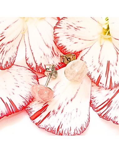 perceuse d'oreille en argent rhodié antiallergique avec pierre naturelle de quartz rose