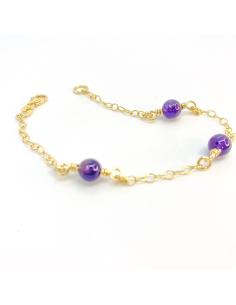 bracelet artisanal argent plaqué or vermeil avec 3 perles de véritables améthyste