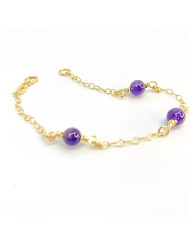 bracelet artisanal argent plaqué or vermeil avec 3 perles de véritables améthyste