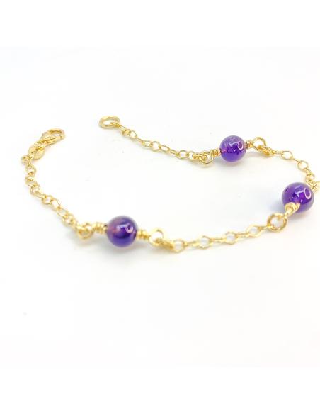 bracelet artisanal argent plaqué or vermeil avec 3 perles de véritables améthyste