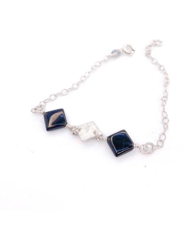 Bracelet artisanal argent rhodié agate noire LOLA
