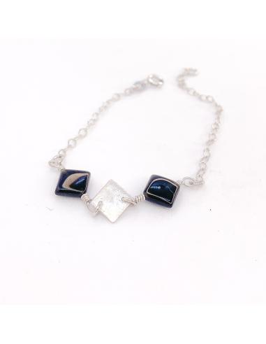 Bracelet artisanal argent rhodié avec pierres fines agate noire