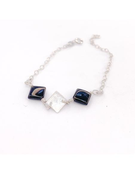 Bracelet artisanal argent rhodié avec pierres fines agate noire