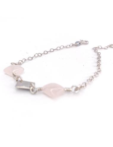 bracelet artisanal en argent rhodié antiallergique avec pierres fines naturelles de quartz rose création just'in jewels