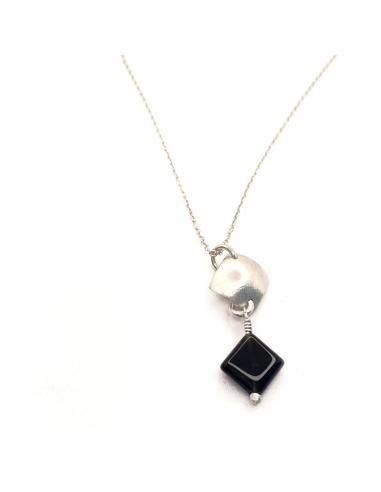 collier artisanal argent rhodié antiallergique avec agate noire collection LOLA de chez Just'in Jewels