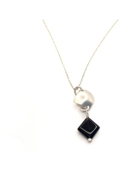 collier artisanal argent rhodié antiallergique avec agate noire collection LOLA de chez Just'in Jewels
