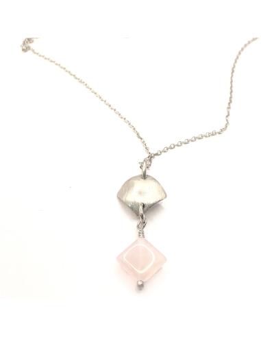 collier artisanal argent rhodié antiallergique avec pierre fine naturelle de quartz rose collection LOLA de chez JUST'IN JEWELS